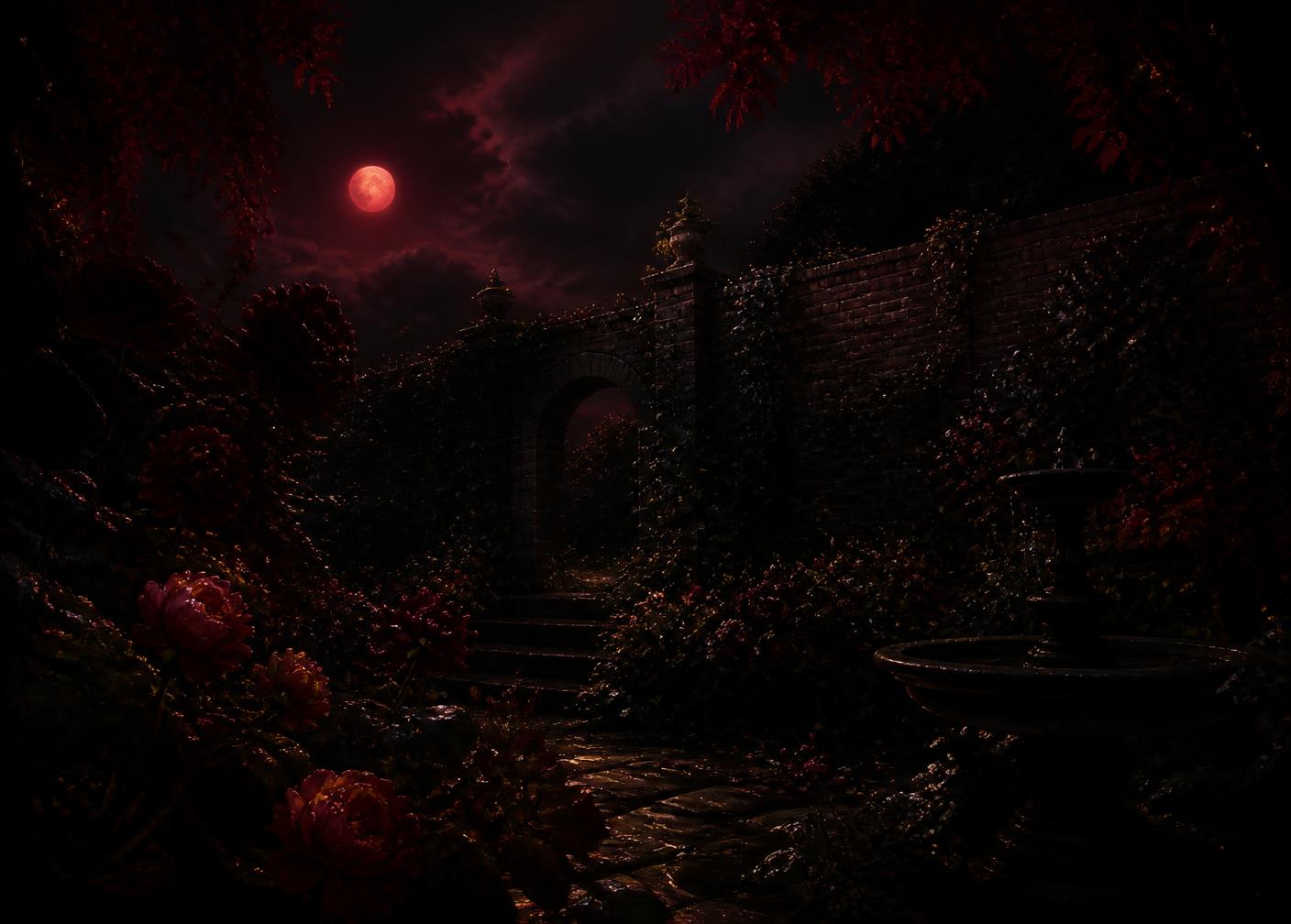 A walled garden at night beneath a red moon