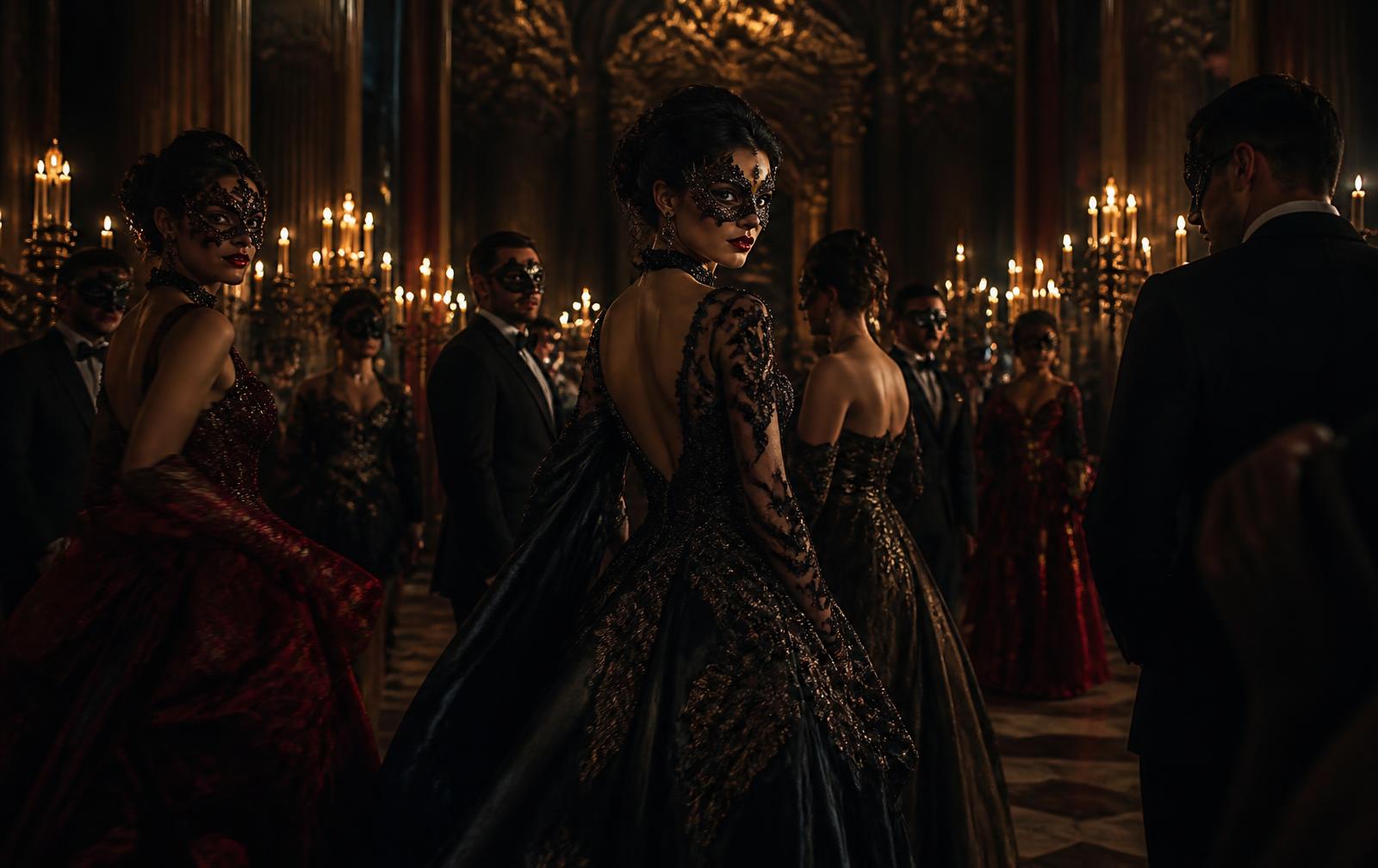 Masked guests in couture at a candlelit Red Moon gathering